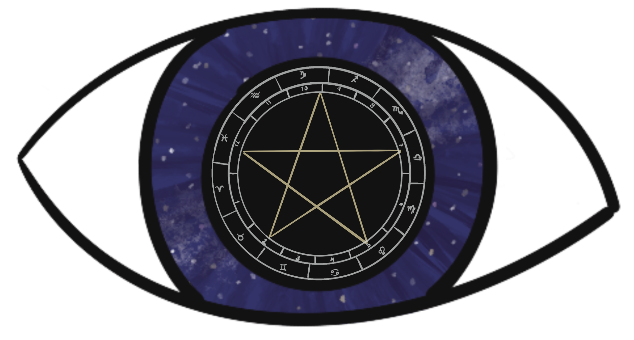 A drawing of a large eye. The iris is filled with stars. The pupil holds astrological symbols and a pentagon.